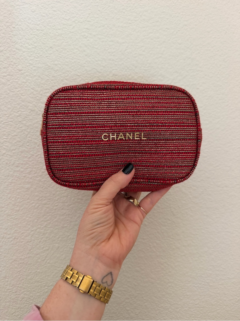 CHANEL Red Striped Cosmetic Case with Gold Logo